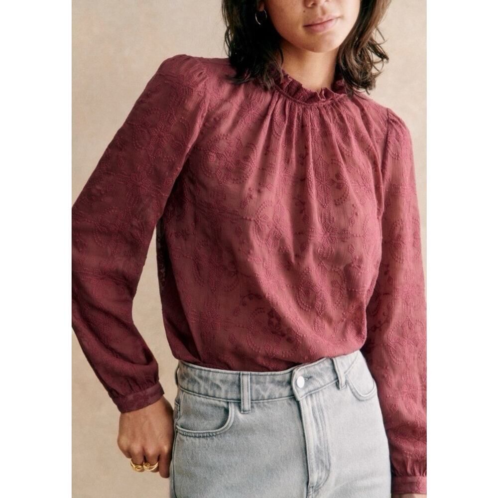 NWT Sezane Embroidered Cotton High Neck Blouse Berry Mauve US 4